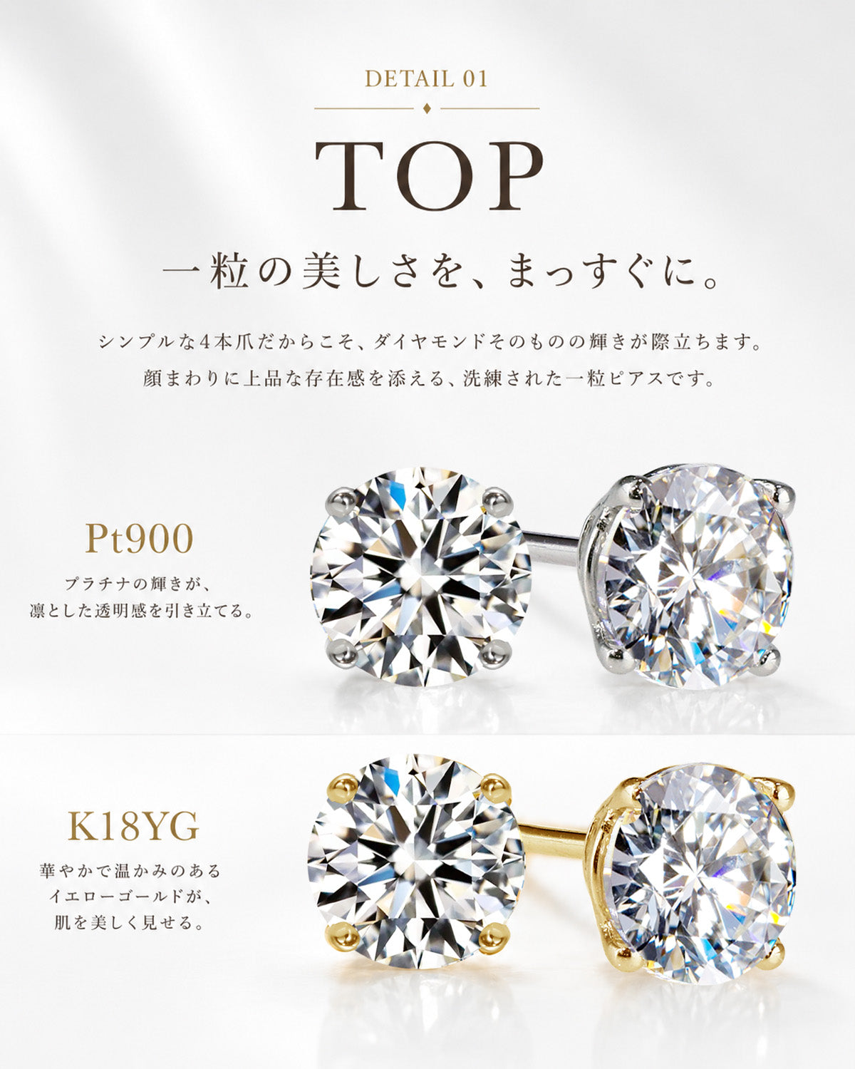ラボグロウンダイヤモンド 4本爪 一粒ピアス(両耳・計0.6ct/1ct/2ct)