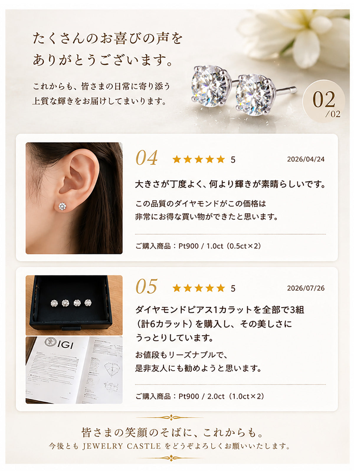ラボグロウンダイヤモンド 4本爪 一粒ピアス(両耳・計0.6ct/1ct/2ct)