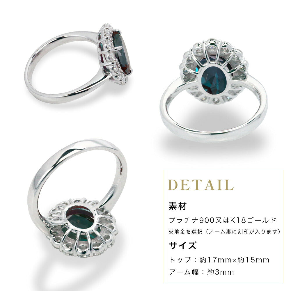 約6.8ct ラボグロウン・アレキサンドライト オーバル ヘイローリング:台座・裏面とサイズの詳細