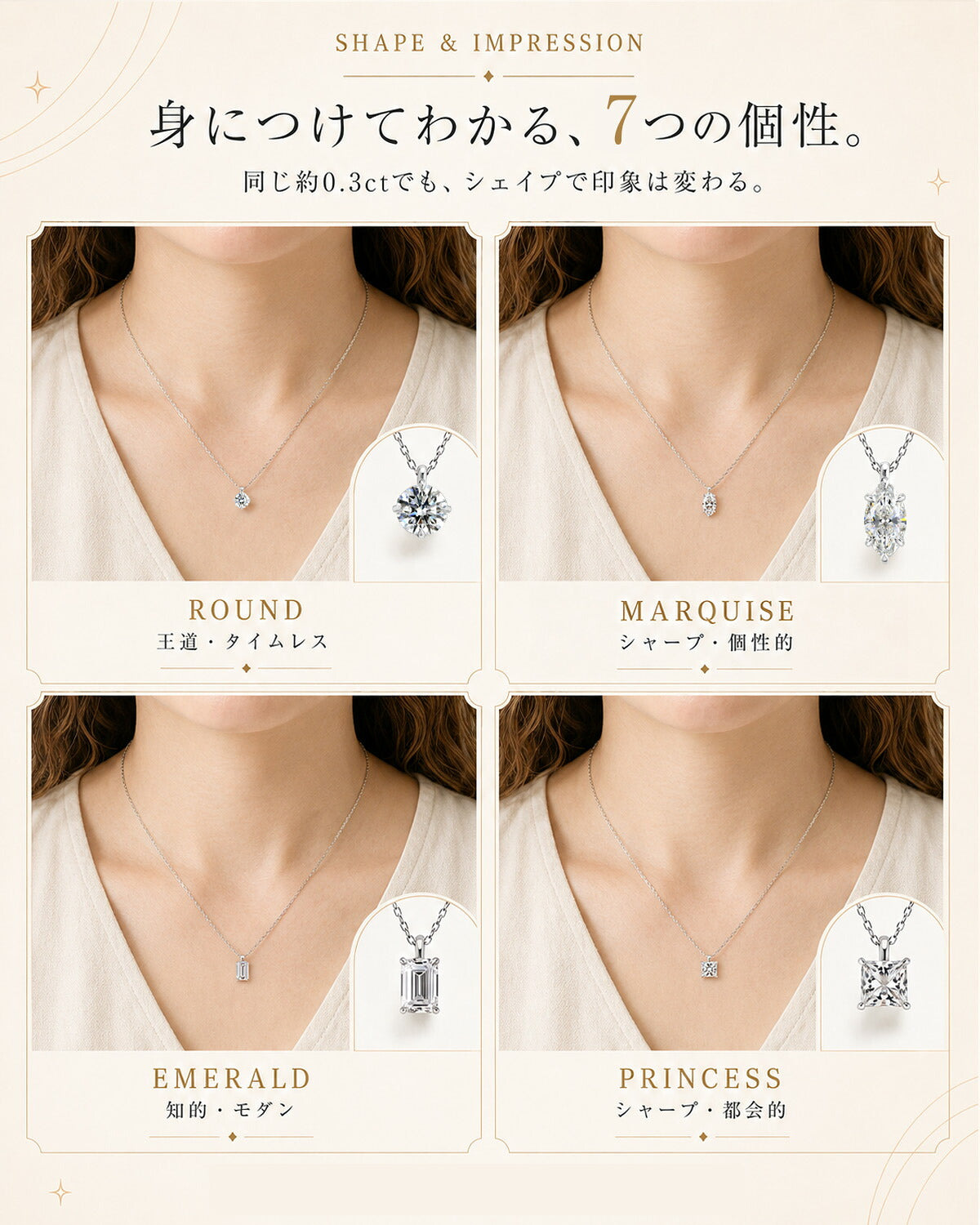 約0.3ct ラウンド・マーキス・エメラルド・プリンセスの着用比較