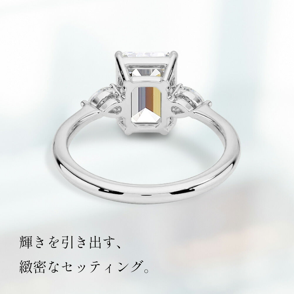 計1.5ct エメラルド&ペアシェイプ スリーストーンリング 背面デザイン