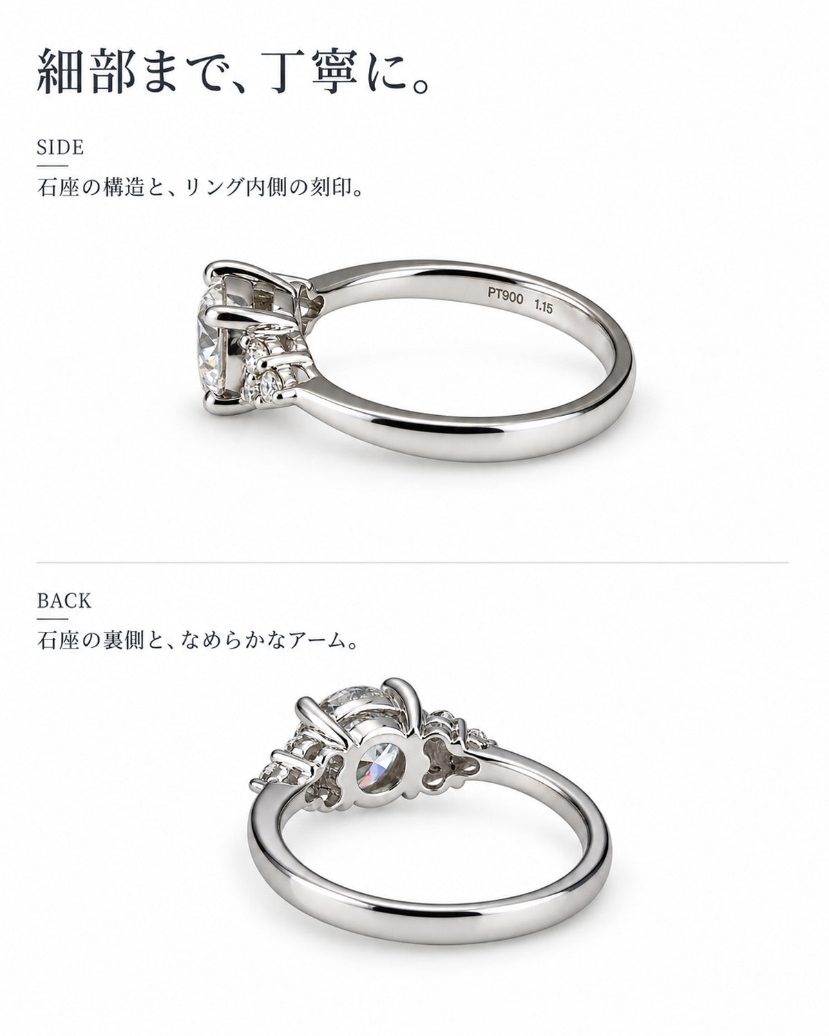 リングのサイドと内側を見た細部の仕上げ
