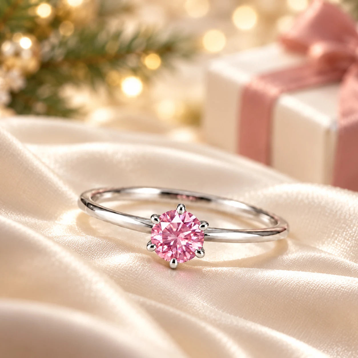 クリスマスに輝くピンクダイヤリング