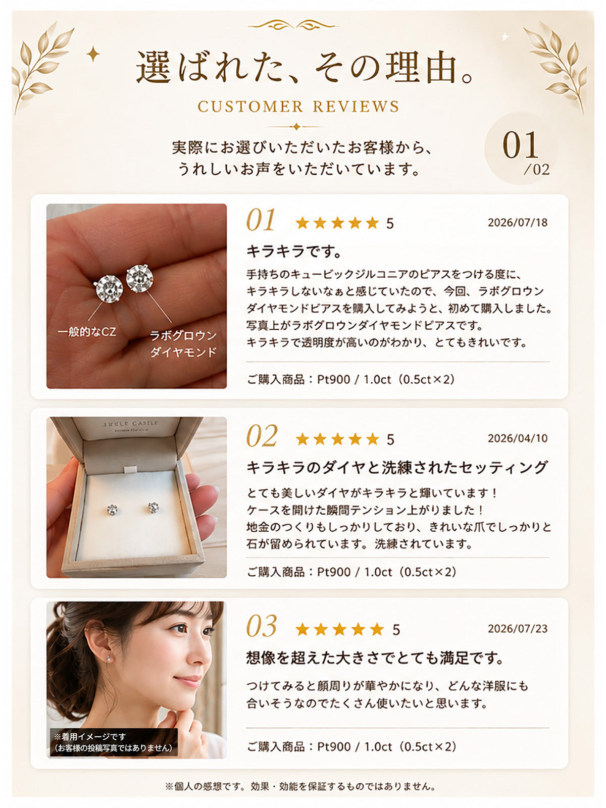 ラボグロウンダイヤモンド 4本爪 一粒ピアス（両耳・計0.6ct／1ct／2ct）