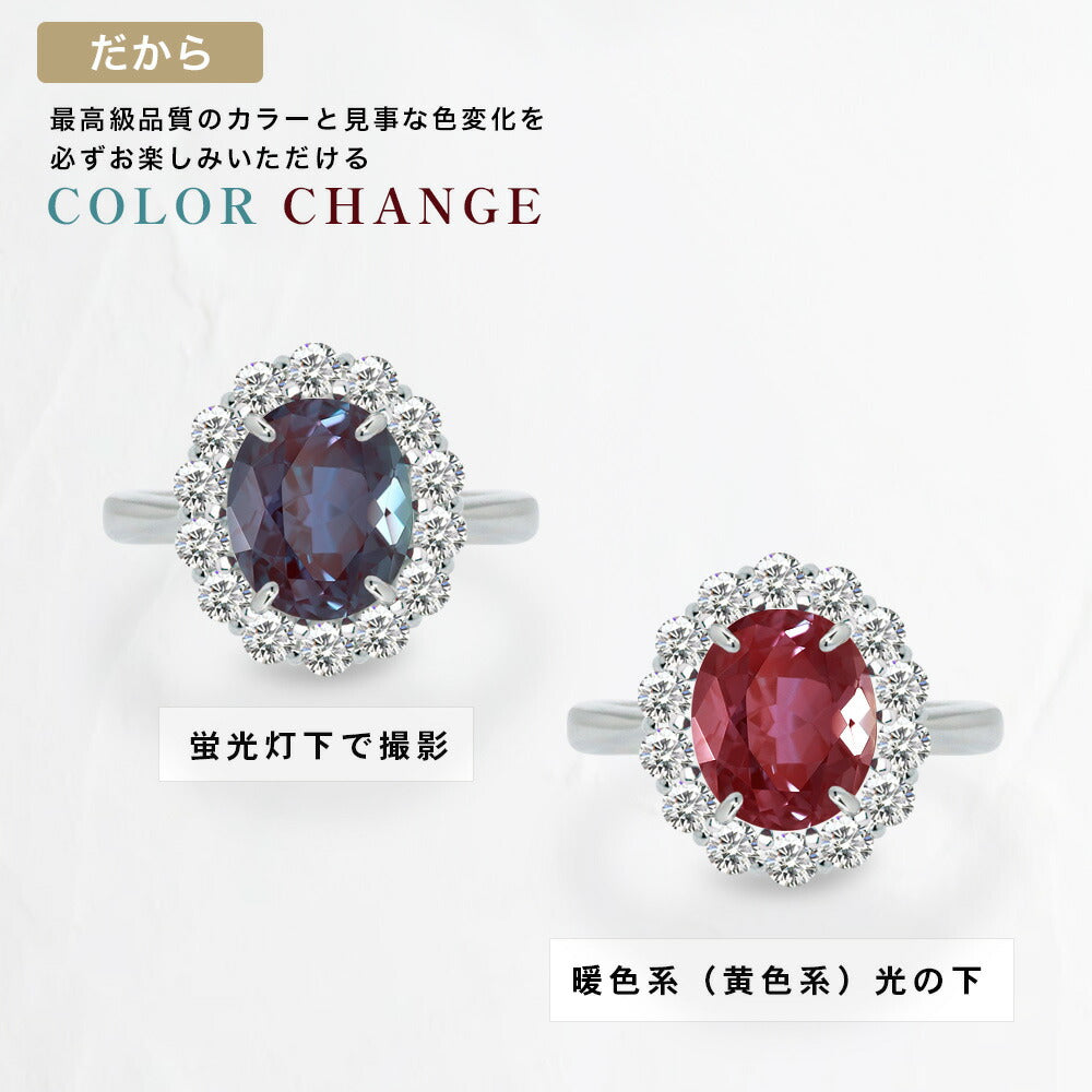約6.8ct ラボグロウン・アレキサンドライト オーバル ヘイローリング：光の種類による色の変化