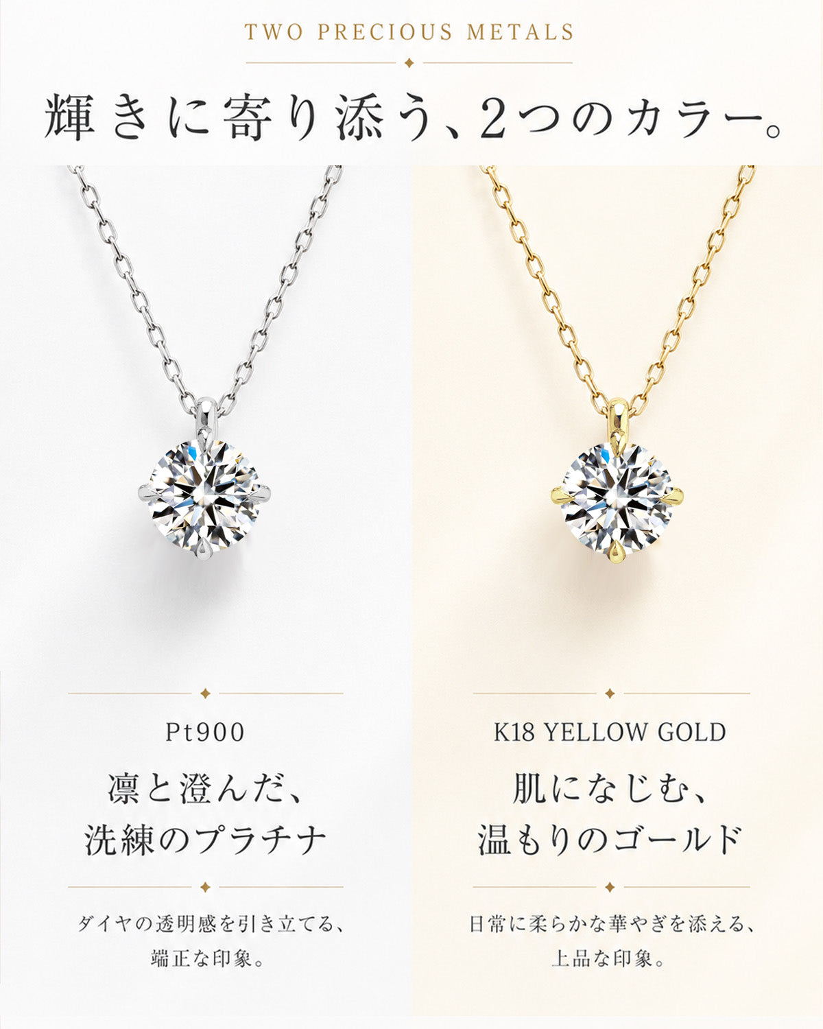 ラウンドネックレスのPt900とK18イエローゴールドの地金比較