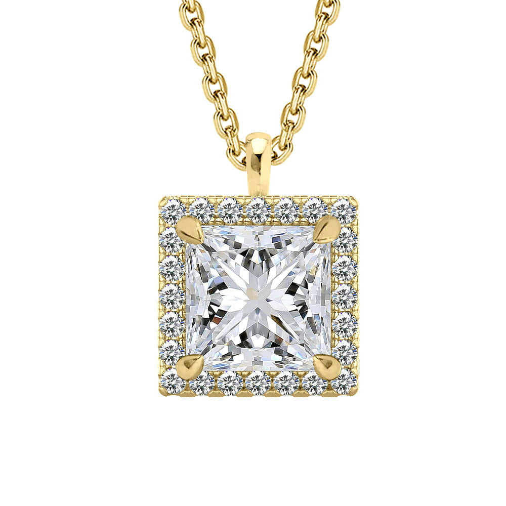 K18イエローゴールド プリンセスカット ヘイローネックレス 白背景