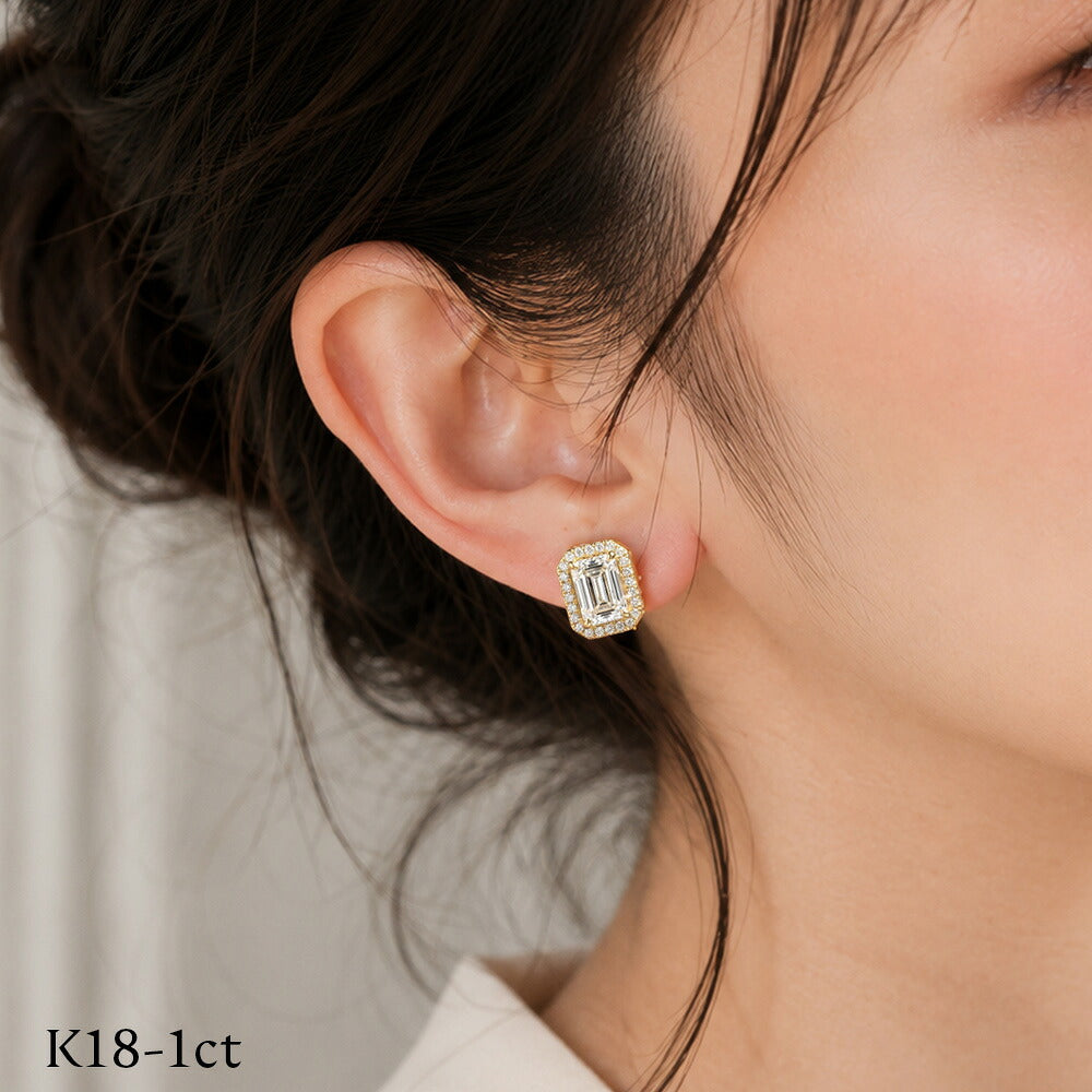 LGD260044E-LGD エメラルドカット ヘイローピアス：K18イエローゴールド・片耳の中石1ct着用例