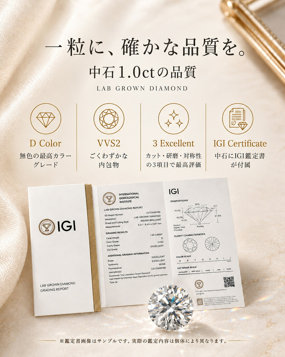 中石1ctのDカラー・VVS2・3Excellent品質とIGI鑑定書