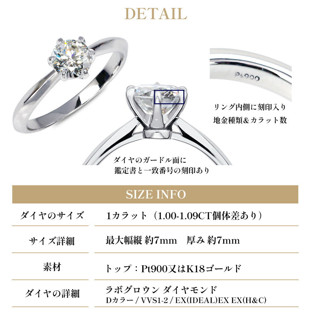 1ct 6本爪ソリティアリングのディテールと寸法